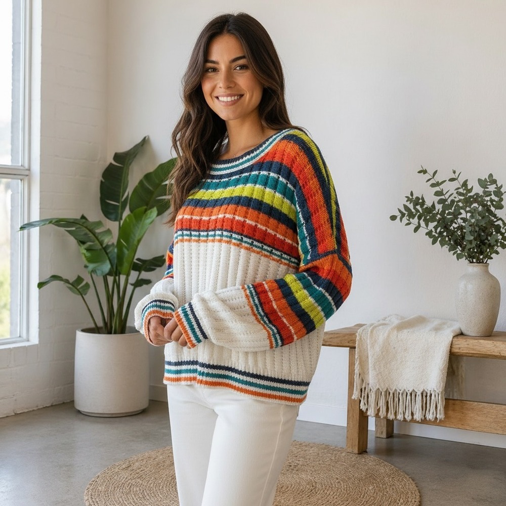Fashion Nova XL Rainbow Stripe Chunky Knit Sweater Colorblock Boho Cottagecore